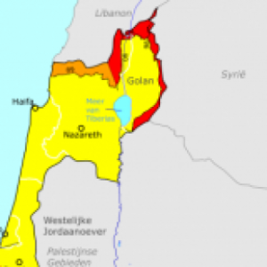 Noord-Israel. In de rode gebieden kunnen Nederlanders volgens BZ beter niet komen. In het oranje deel zijn alleen noodzakelijke reizen aangeraden. In de gele delen is volgens BZ alertheid geboden (beeld: Buitenlandse Zaken).